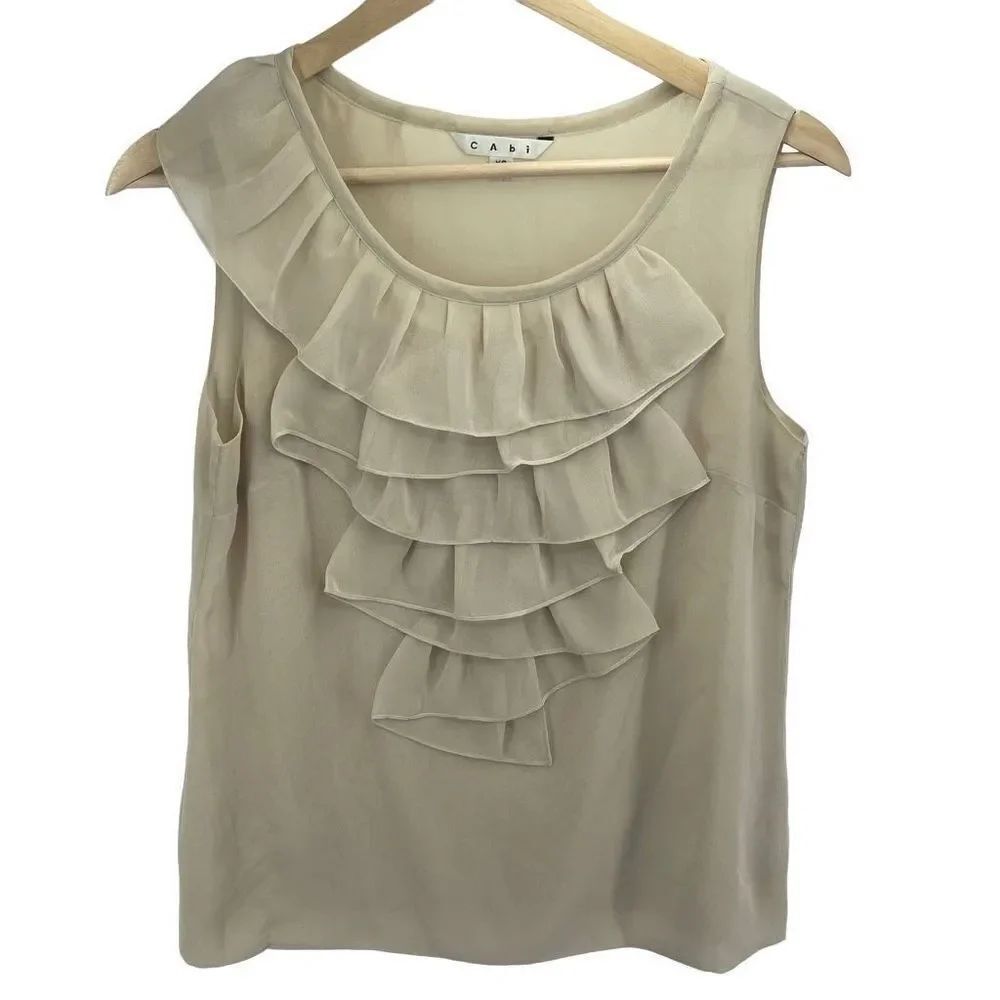 CAbi Women's Ruffled Top Sleeveless Tank Silk Blouse Shirt Casual Tan Size XS